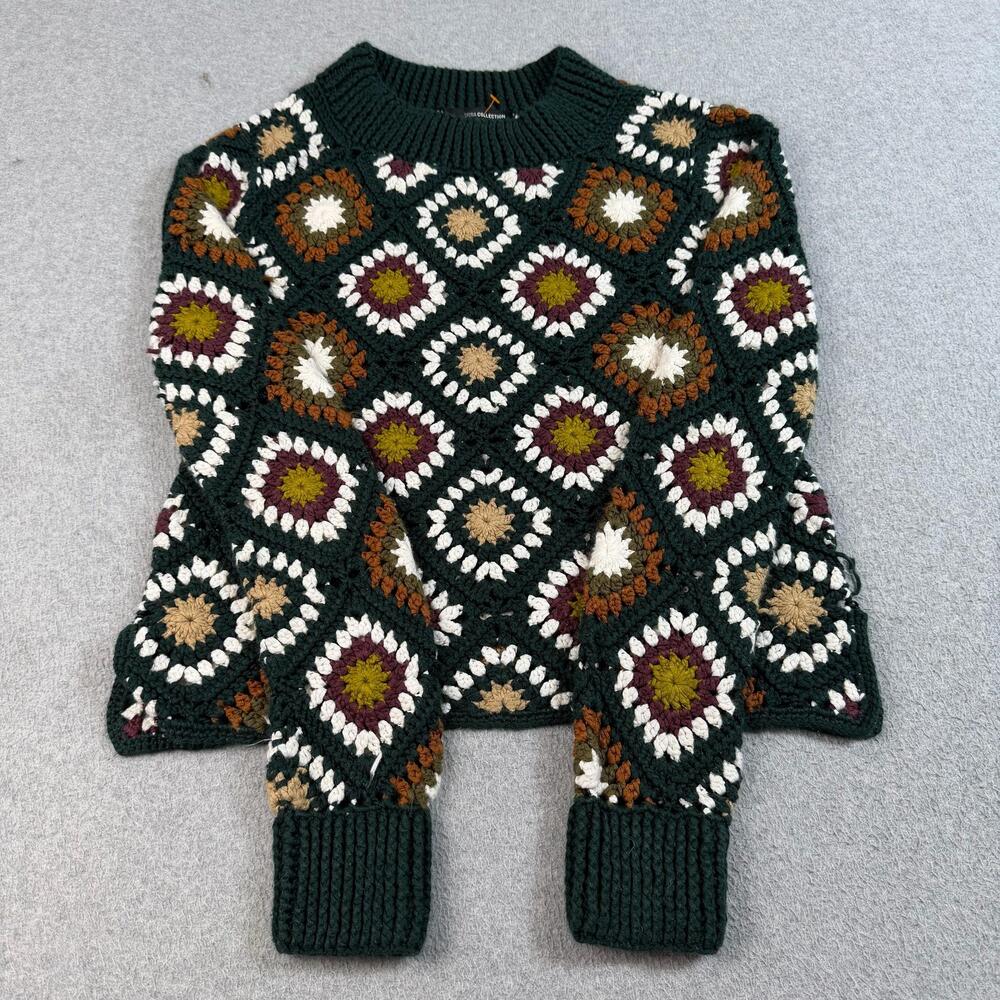 Sfera Collection Sweater Women Small Green Crochet Granny Square Crochet Boho